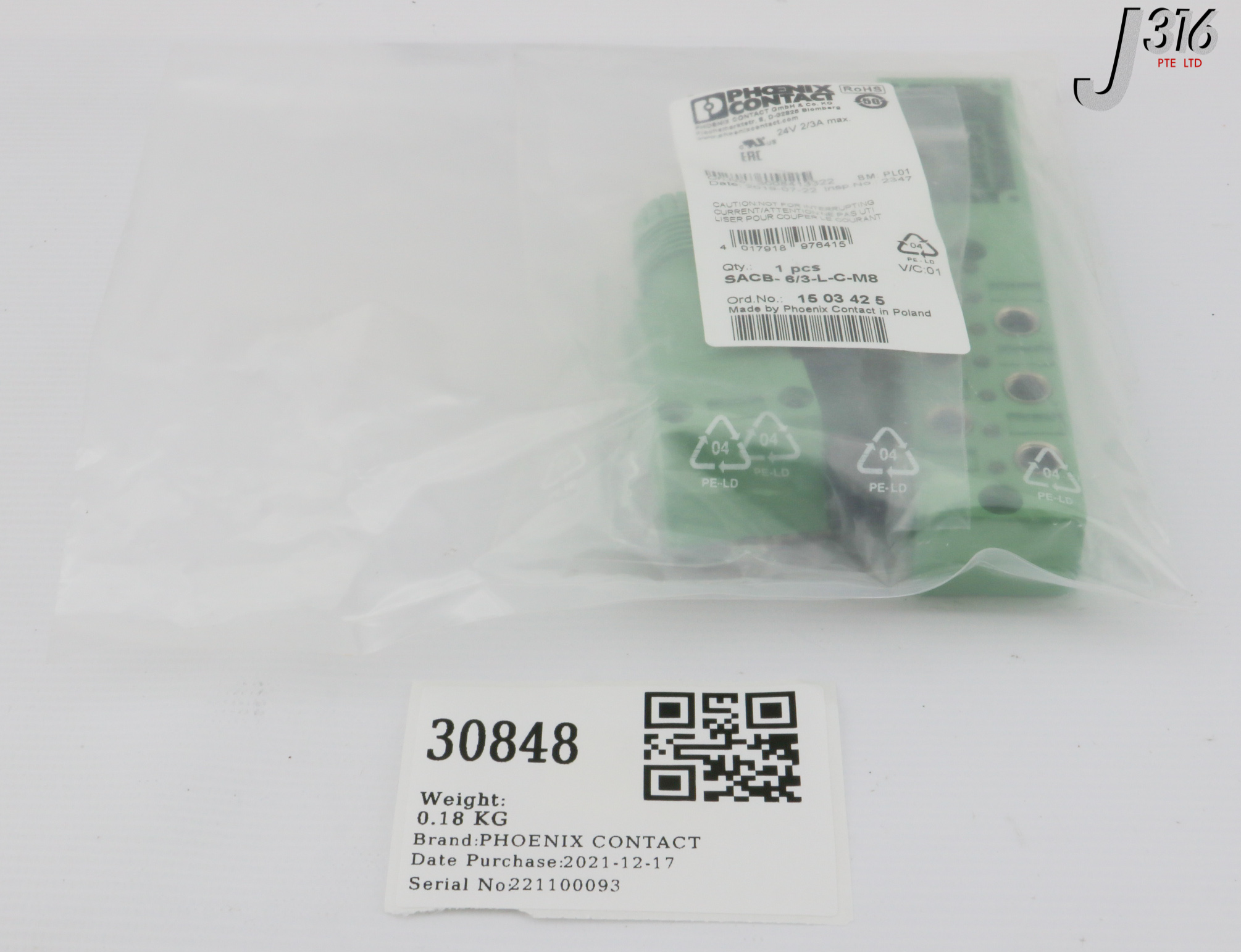 30848 PHOENIX CONTACT SENSOR ACTUATOR BOX, 1503425 (NEW) SACB-6/3